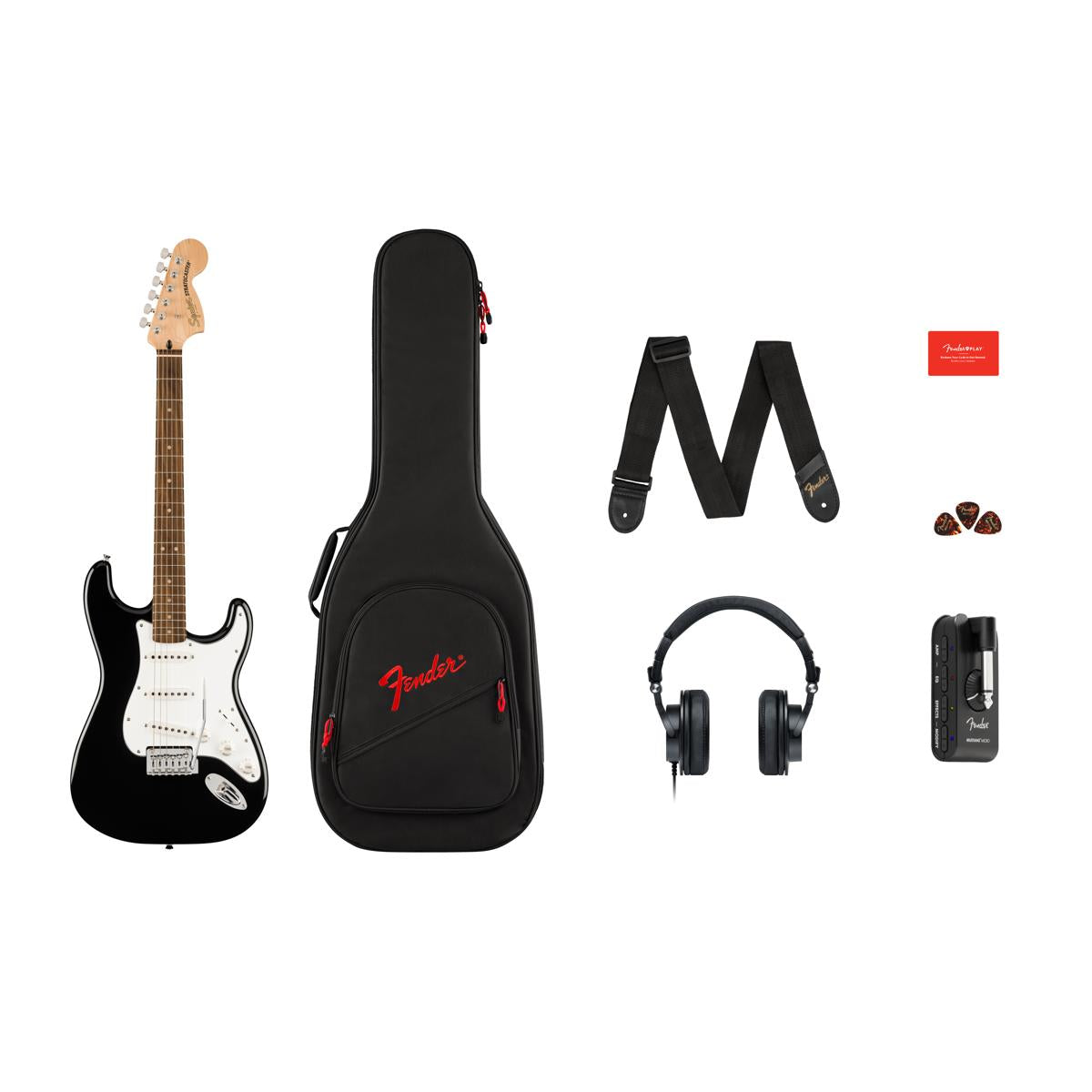 Fender Squier Affinity Series Stratocaster Guitar Pack Black w/ Mustang Micro & Headphones - 0372873106