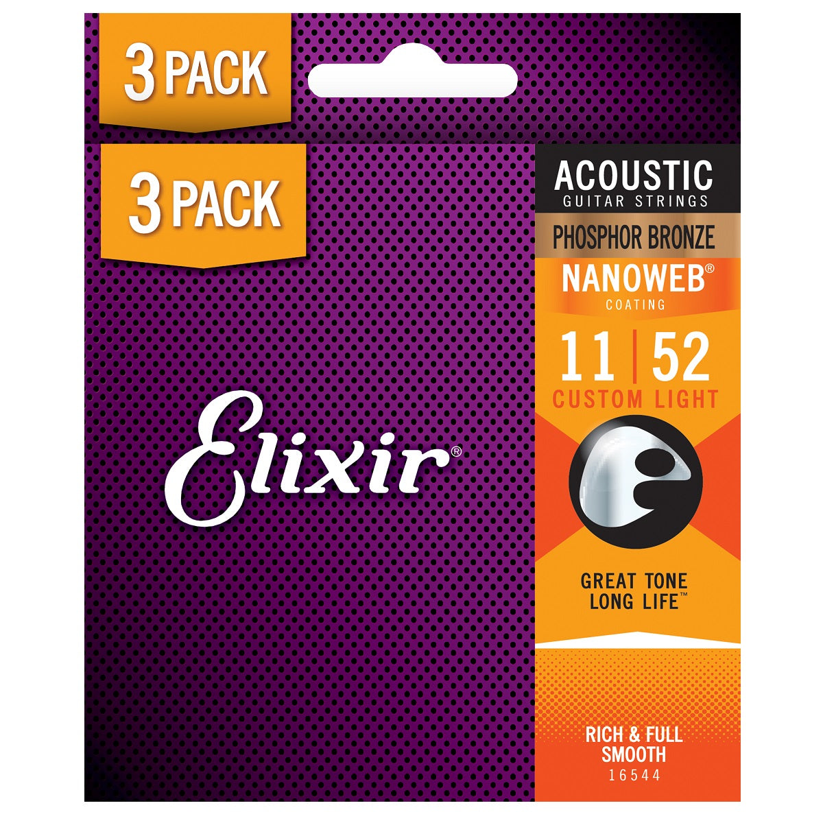 3 Pack of Elixir 16538 Acoustic Guitar Strings Nanoweb Custom Light 11-52 80/20 Bronze A-NW-CL