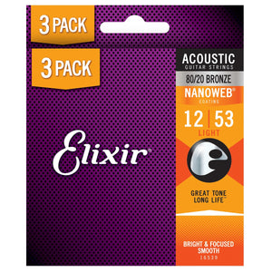 3 Pack of Elixir 16539 Acoustic Guitar Strings Nanoweb Light 12-53 80/20 Bronze A-NW-L