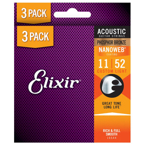 3 Pack of Elixir 16544 Acoustic Guitar Strings Nanoweb Custom Light 11-52 Phosphor Bronze APB-NW-CL