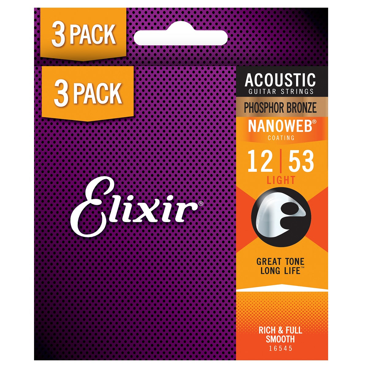 3 Pack of Elixir 16545 Acoustic Guitar Strings Nanoweb Light 12-53 Phosphor Bronze APB-NW-L