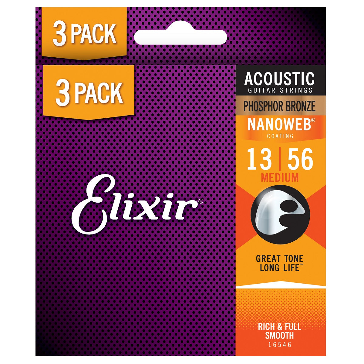 3 Pack of Elixir 16546 Acoustic Guitar Strings Nanoweb Medium 13-56 Phosphor Bronze APB-NW-M