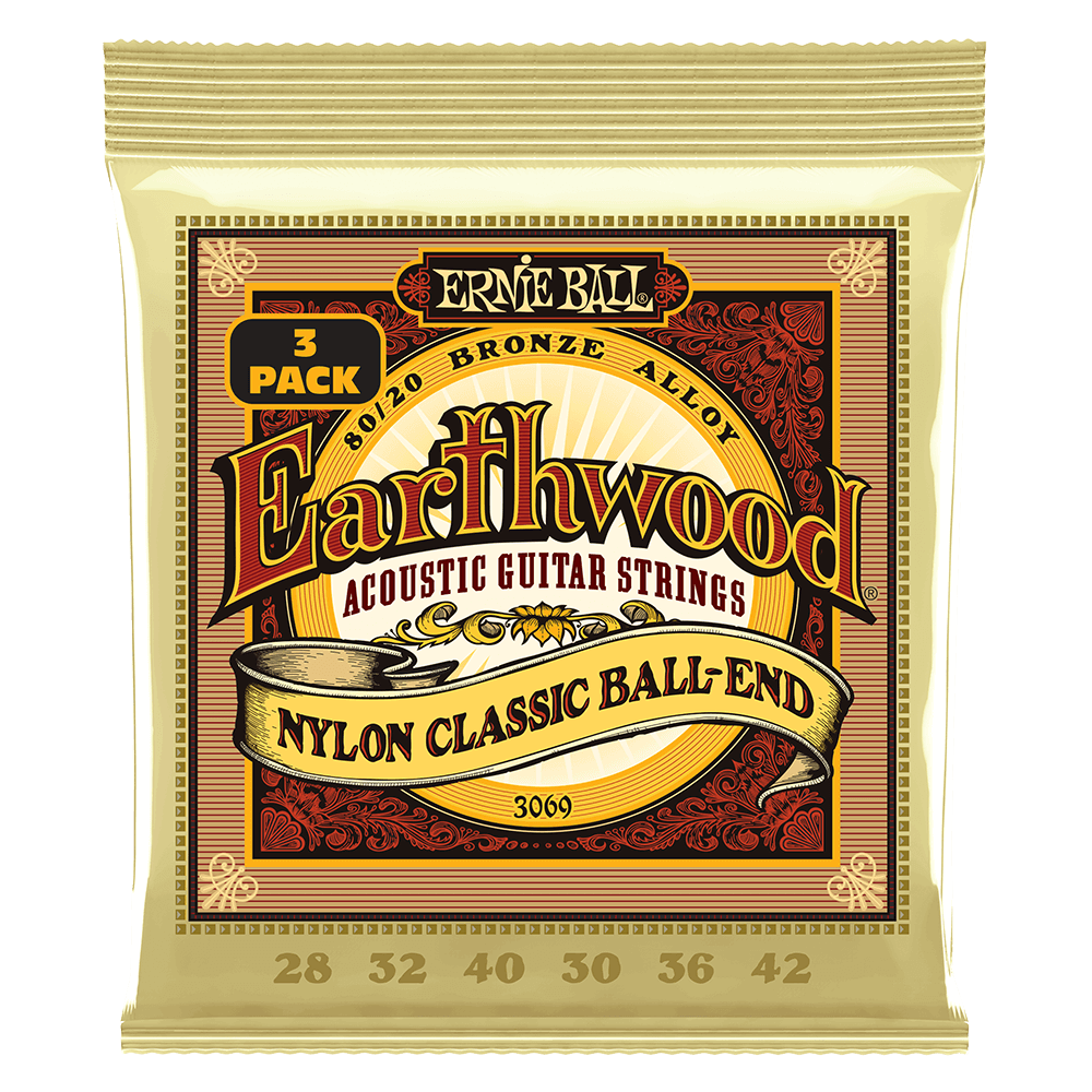 Ernie Ball 3069 Earthwood Classical Nylon Guitar Strings 28-42 Ball End (3 Pack)