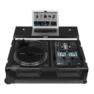 UDG U9110BL Ultimate Flight Case Single Turntable Battle/PLX-CRSS12 & 10"/12" Mixer Black w/Laptop Shelf, Trolley & Wheels