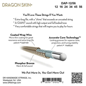 DR Dragon Skin+ DAP-12/56 Phosphor Bronze Acoustic Guitar Strings: 12-56