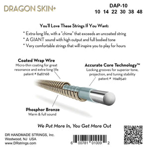 DR Dragon Skin+ DAP-10 Phosphor Bronze Acoustic Guitar Strings: 10-48