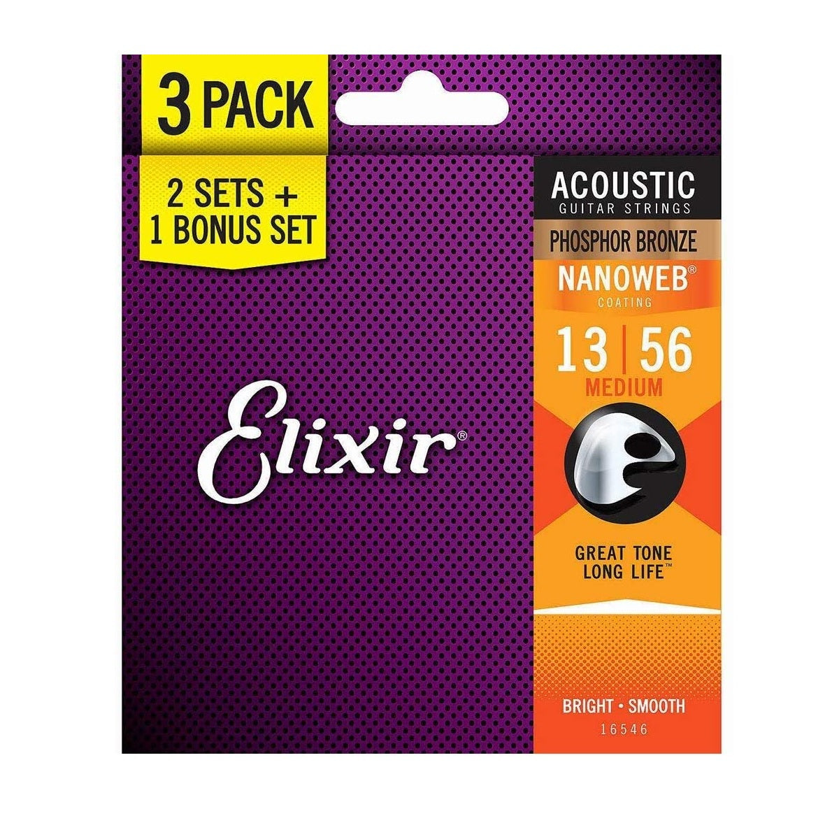 3 Pack of Elixir 16546 Acoustic Guitar Strings Nanoweb Medium 13