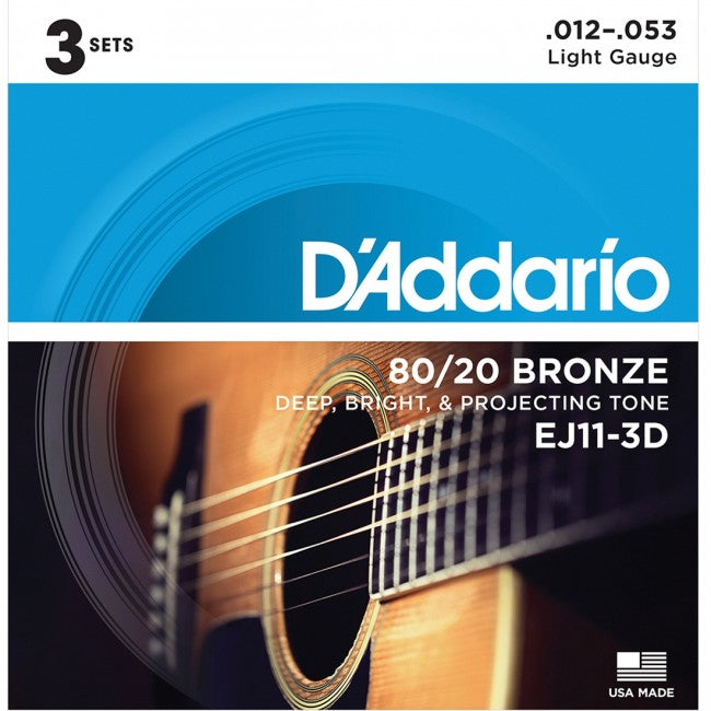 3 Pack of D Addario EJ11 Acoustic Guitar Strings 80 20 Bronze 12